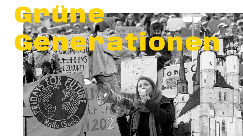 Eine Collage aus verschiedenen Bildern von Umweltakitvististen aus der DDR in Halle, Protestorten in Halle, sowie Bilder von Fridays for Future
